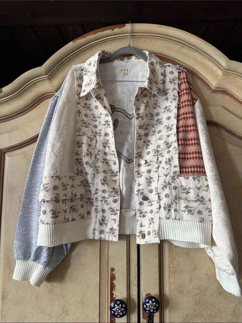 POL Patchwork Floral & Knit Jean Bomber Jacket size Medium